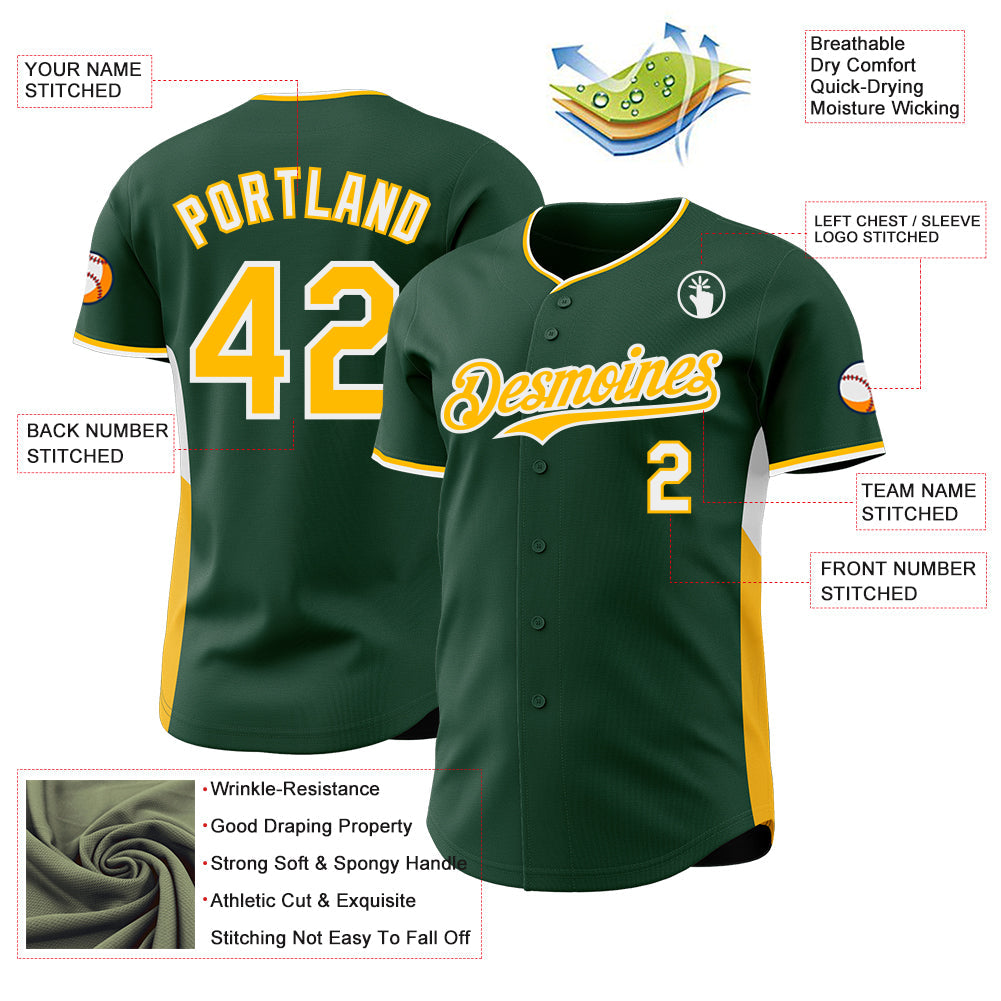 Custom Green Gold-White Classic Color Block Side Panel Stripe Authentic Baseball Jersey view 3