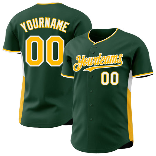 Custom Green Gold-White Classic Color Block Side Panel Stripe Authentic Baseball Jersey - Main View