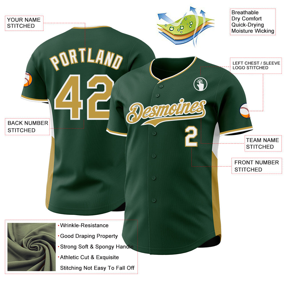 Custom Green Old Gold-White Classic Color Block Side Panel Stripe Authentic Baseball Jersey view 3