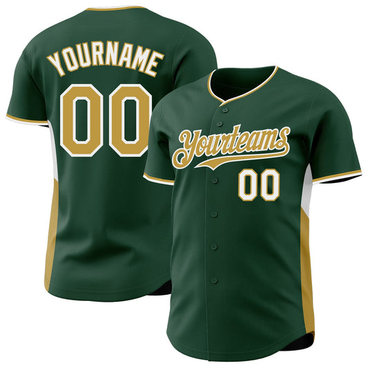 Custom Green Old Gold-White Classic Color Block Side Panel Stripe Authentic Baseball Jersey - Main View