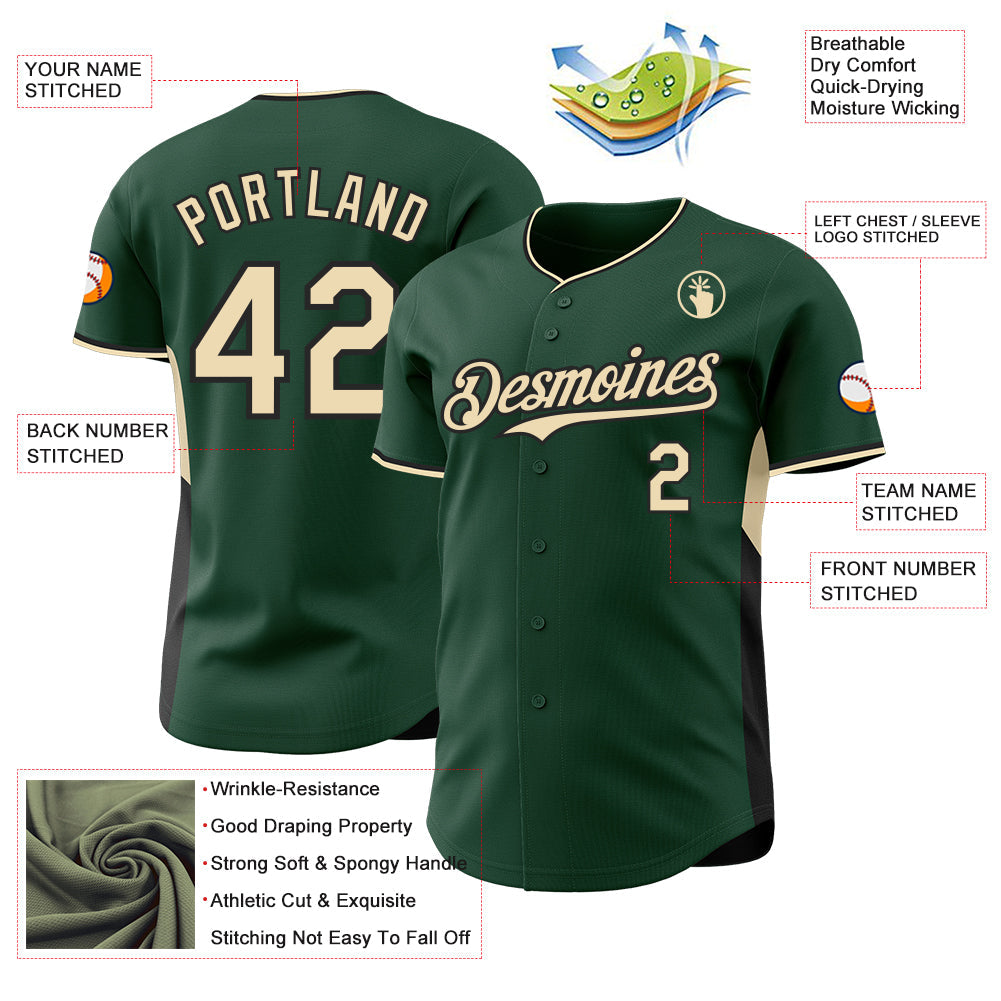 Custom Green Cream-Black Classic Color Block Side Panel Stripe Authentic Baseball Jersey view 3