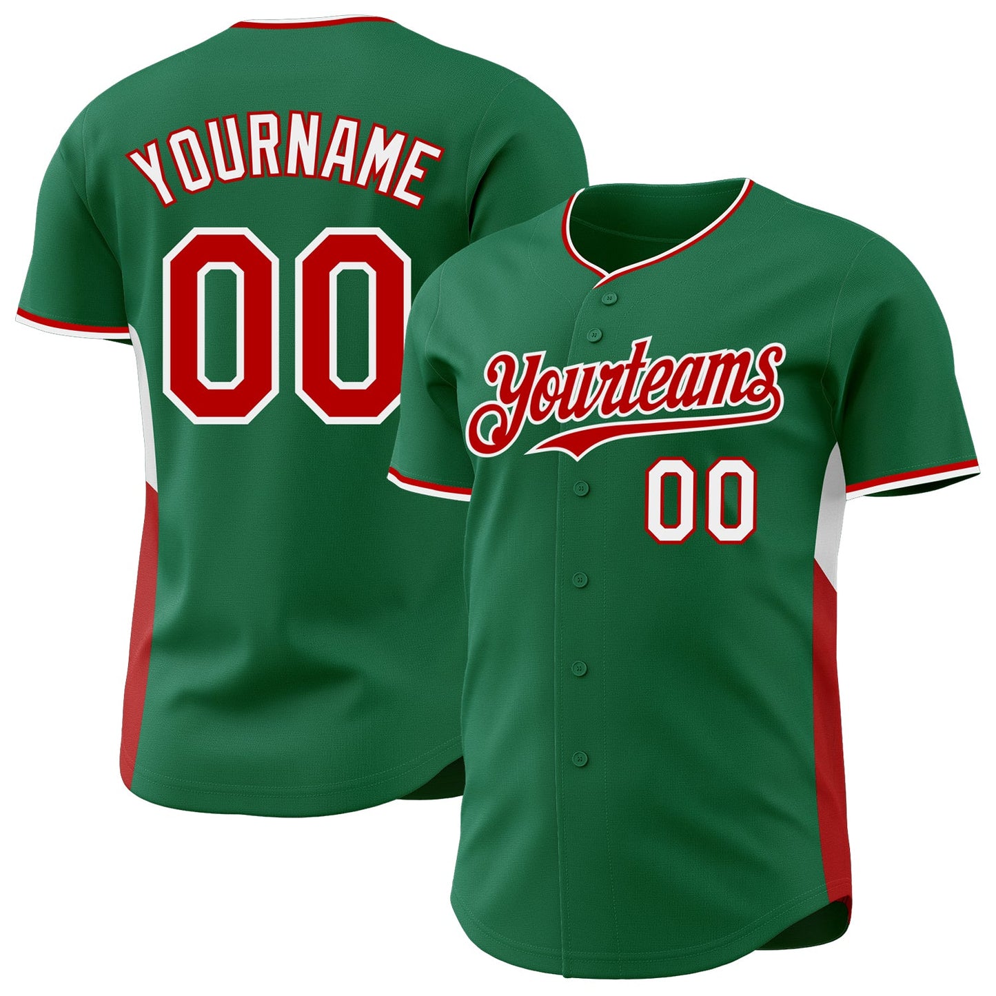 Custom Kelly Green Red-White Classic Color Block Side Panel Stripe Authentic Baseball Jersey - Main View