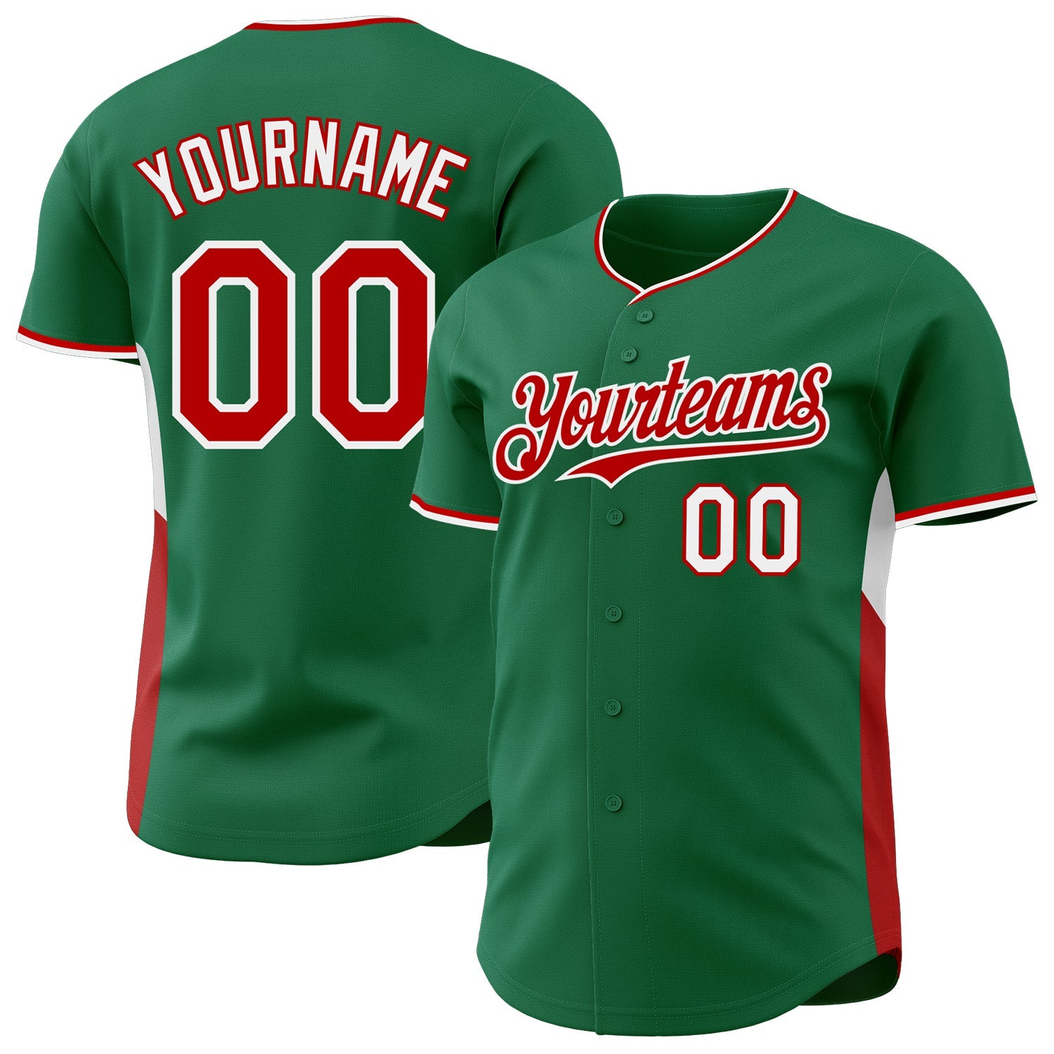 Custom Kelly Green Red-White Classic Color Block Side Panel Stripe Authentic Baseball Jersey - Main View