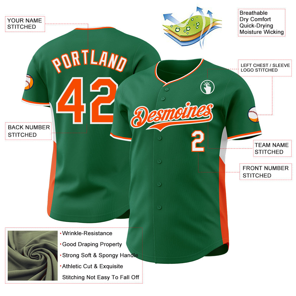 Custom Kelly Green Orange-White Classic Color Block Side Panel Stripe Authentic Baseball Jersey view 3