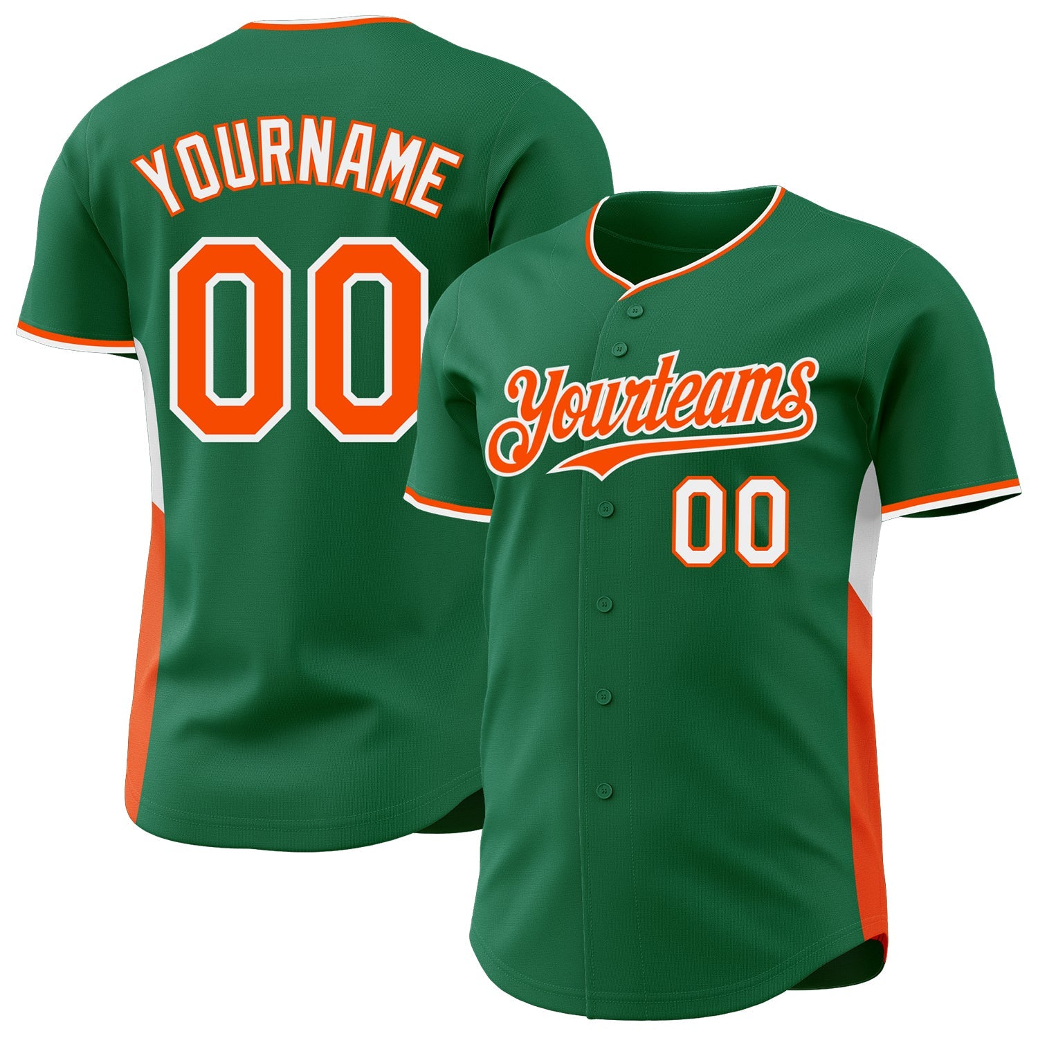 Custom Kelly Green Orange-White Classic Color Block Side Panel Stripe Authentic Baseball Jersey - Main View