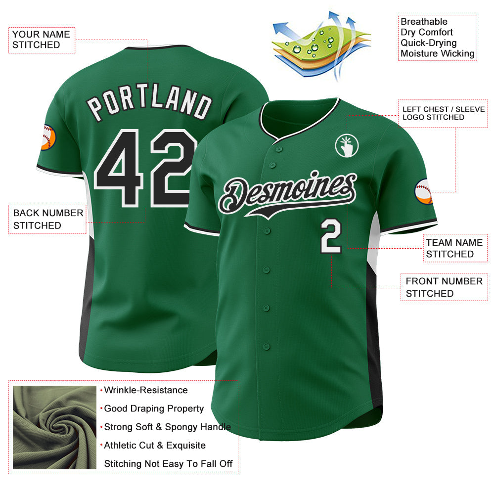 Custom Kelly Green Black-White Classic Color Block Side Panel Stripe Authentic Baseball Jersey view 3