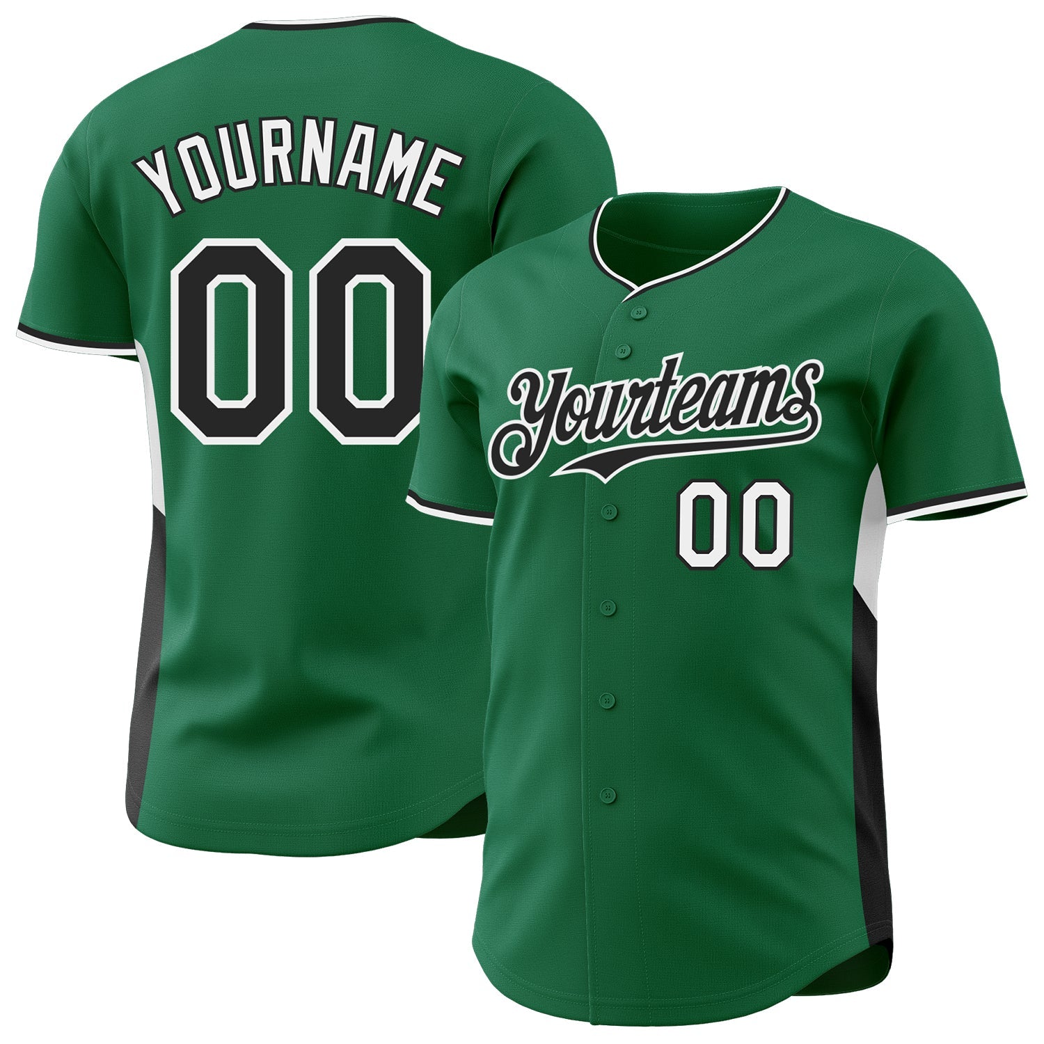 Custom Kelly Green Black-White Classic Color Block Side Panel Stripe Authentic Baseball Jersey - Main View