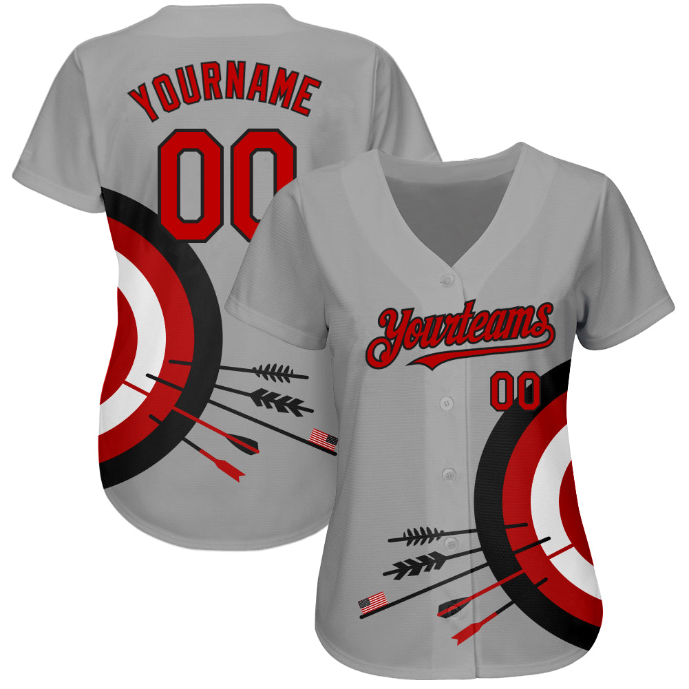 Custom Gray Red-Black 3D Pattern Design Dart Board Target Authentic Baseball Jersey view 2