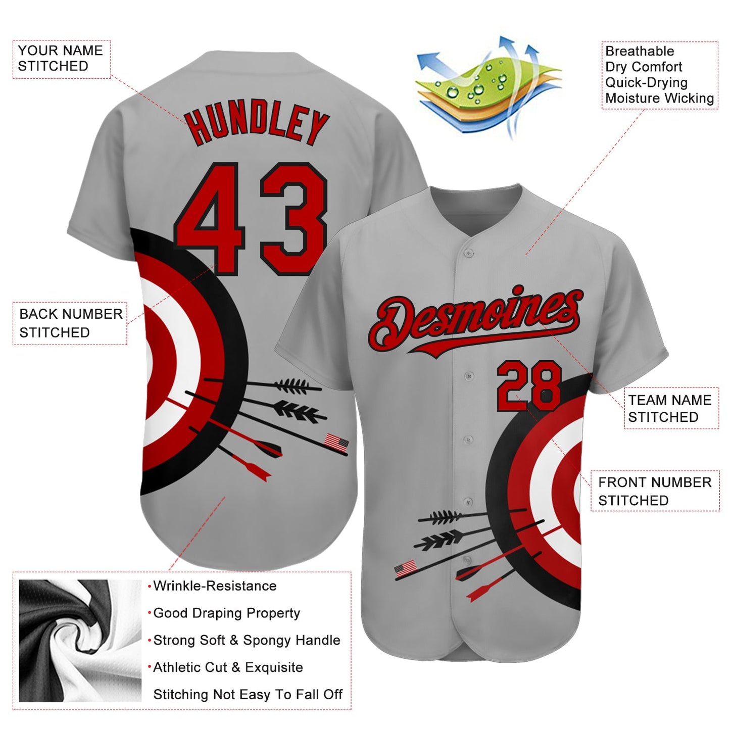 Custom Gray Red-Black 3D Pattern Design Dart Board Target Authentic Baseball Jersey view 3