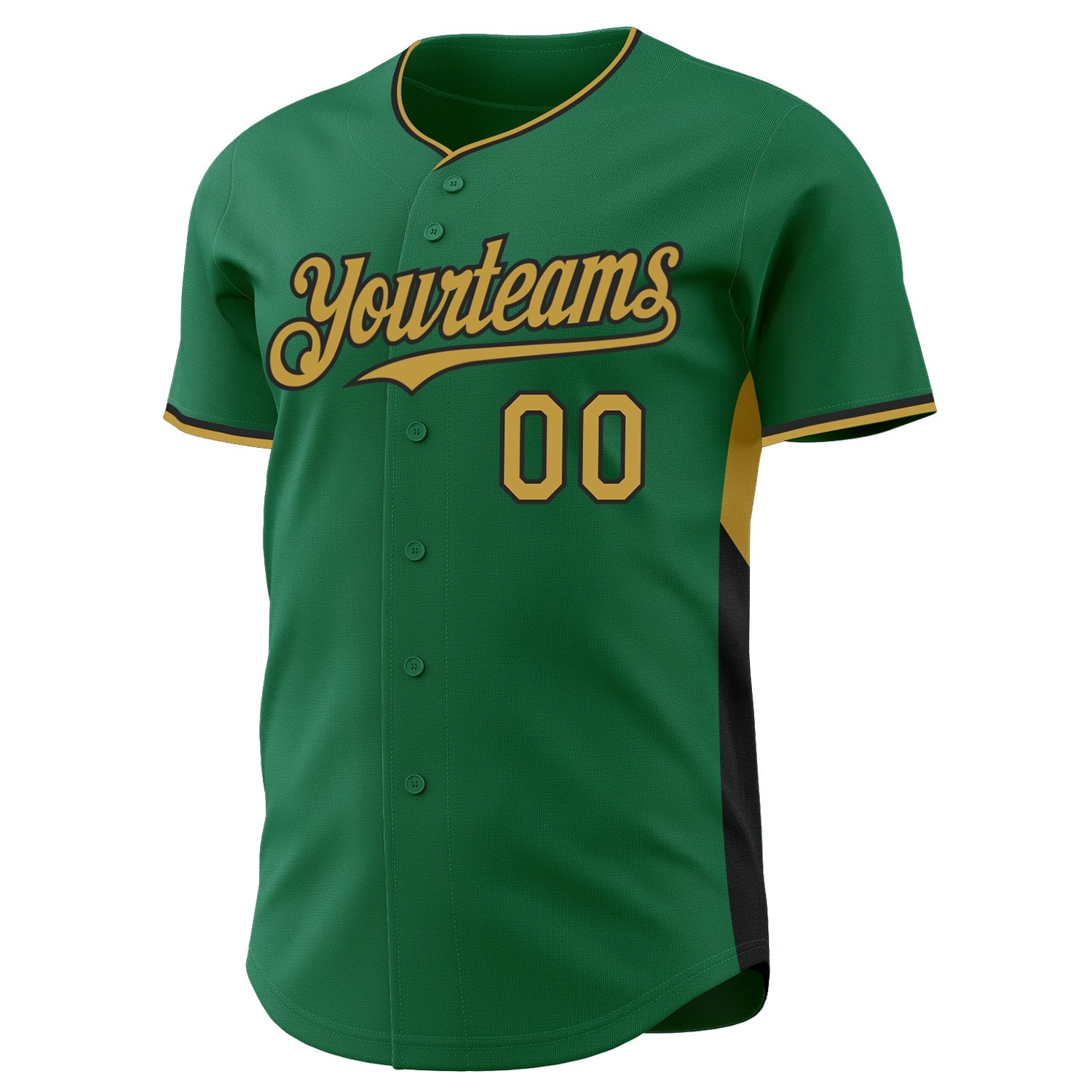 Custom Kelly Green Old Gold-Black Classic Color Block Side Panel Stripe Authentic Baseball Jersey view 2