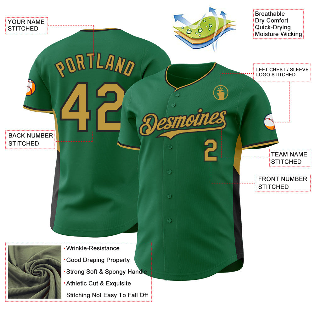 Custom Kelly Green Old Gold-Black Classic Color Block Side Panel Stripe Authentic Baseball Jersey view 3