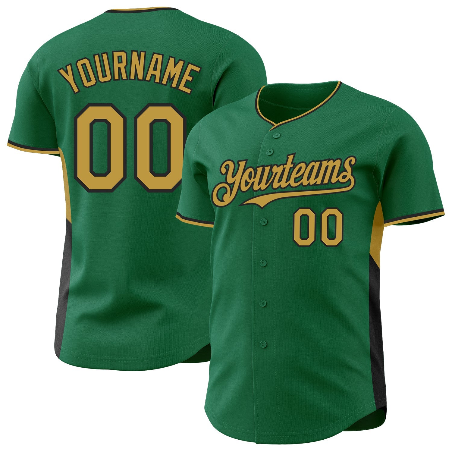 Custom Kelly Green Old Gold-Black Classic Color Block Side Panel Stripe Authentic Baseball Jersey - Main View