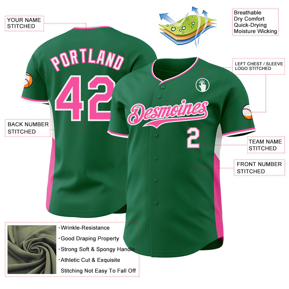 Custom Kelly Green Pink-White Classic Color Block Side Panel Stripe Authentic Baseball Jersey view 3