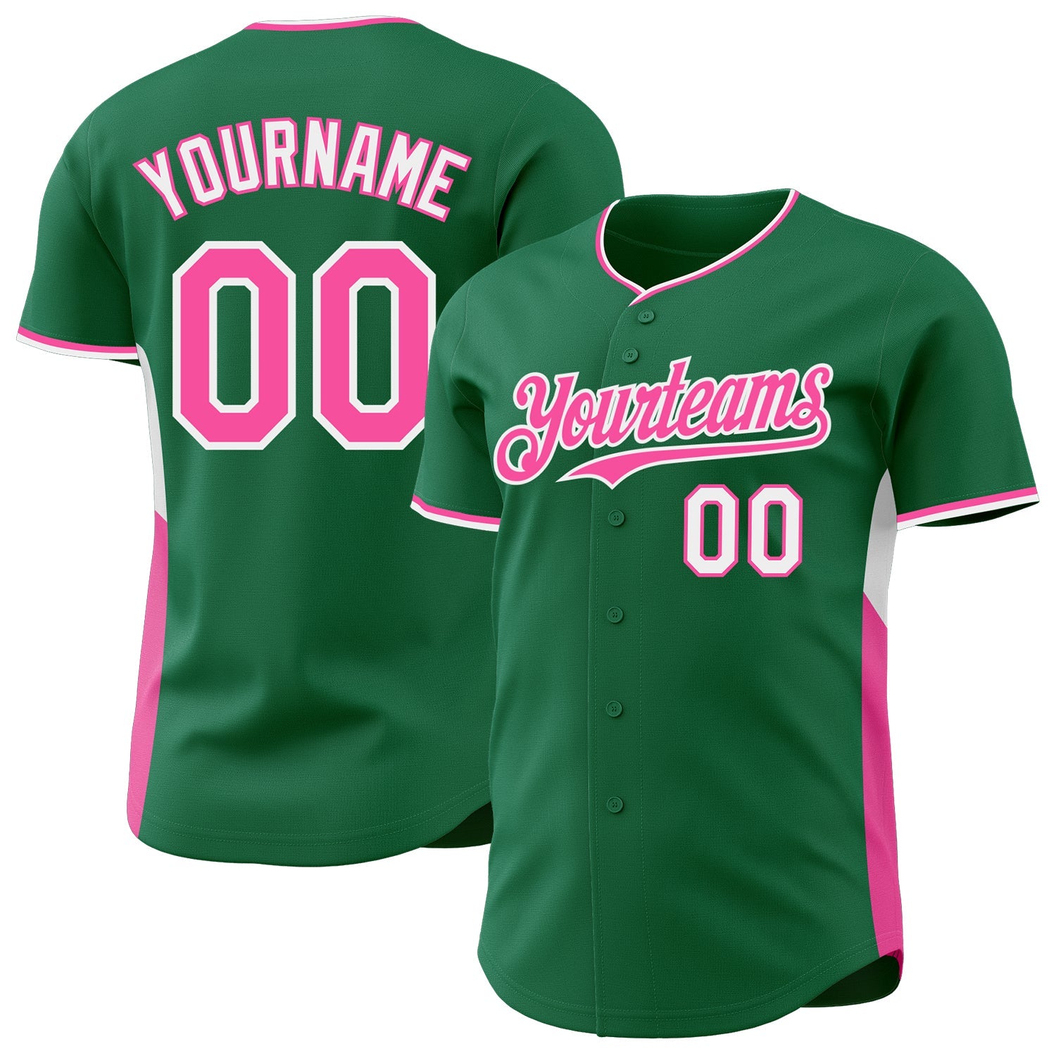 Custom Kelly Green Pink-White Classic Color Block Side Panel Stripe Authentic Baseball Jersey - Main View