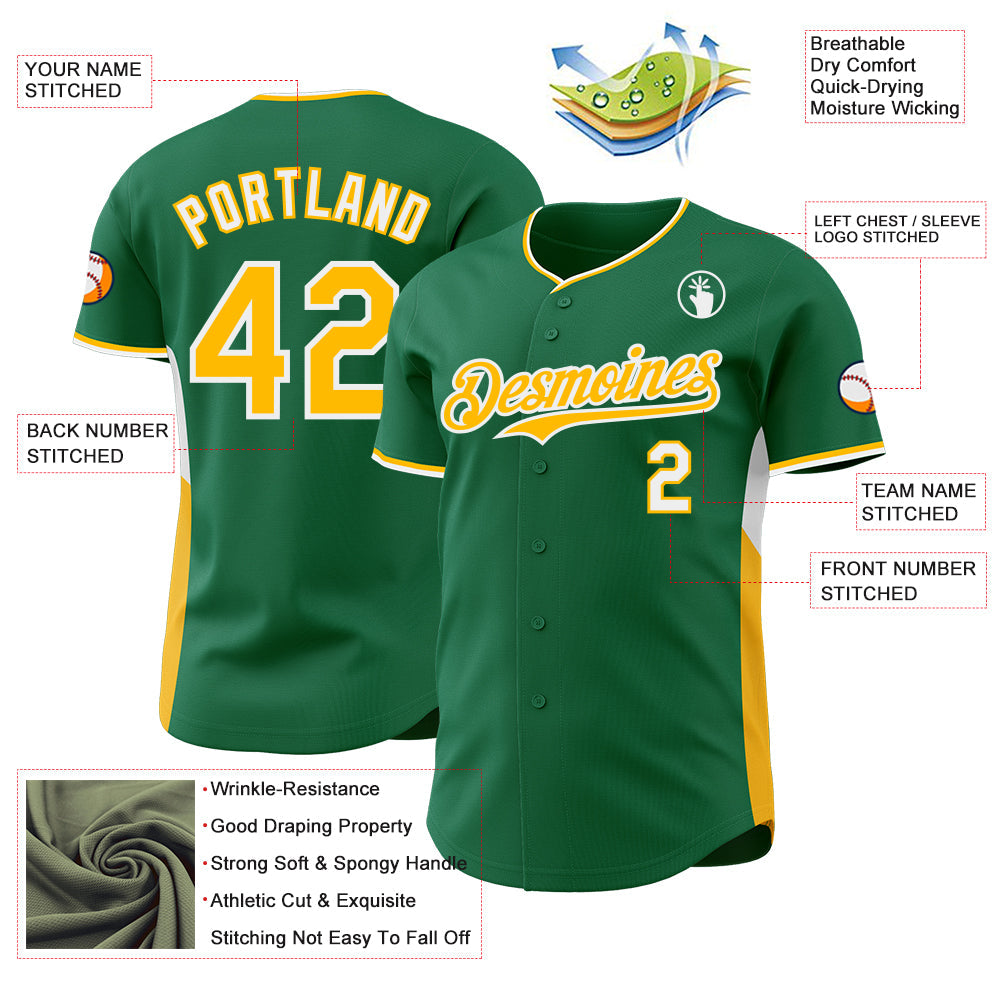 Custom Kelly Green Gold-White Classic Color Block Side Panel Stripe Authentic Baseball Jersey view 3