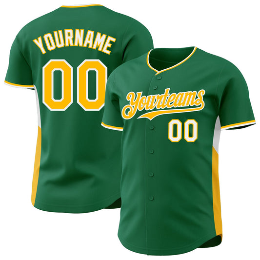 Custom Kelly Green Gold-White Classic Color Block Side Panel Stripe Authentic Baseball Jersey - Main View
