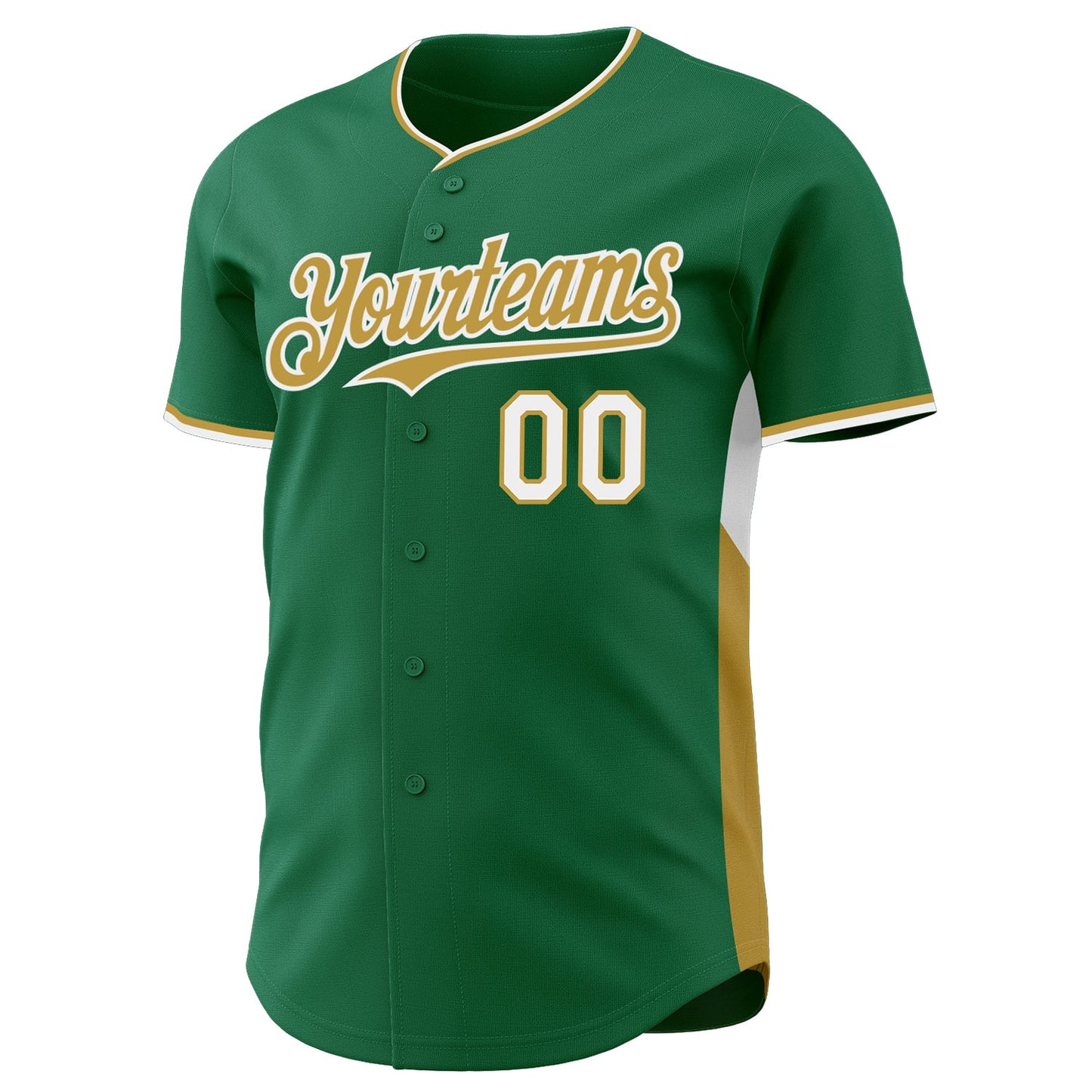 Custom Kelly Green Old Gold-White Classic Color Block Side Panel Stripe Authentic Baseball Jersey view 2