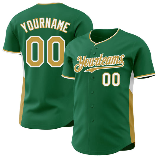 Custom Kelly Green Old Gold-White Classic Color Block Side Panel Stripe Authentic Baseball Jersey - Main View