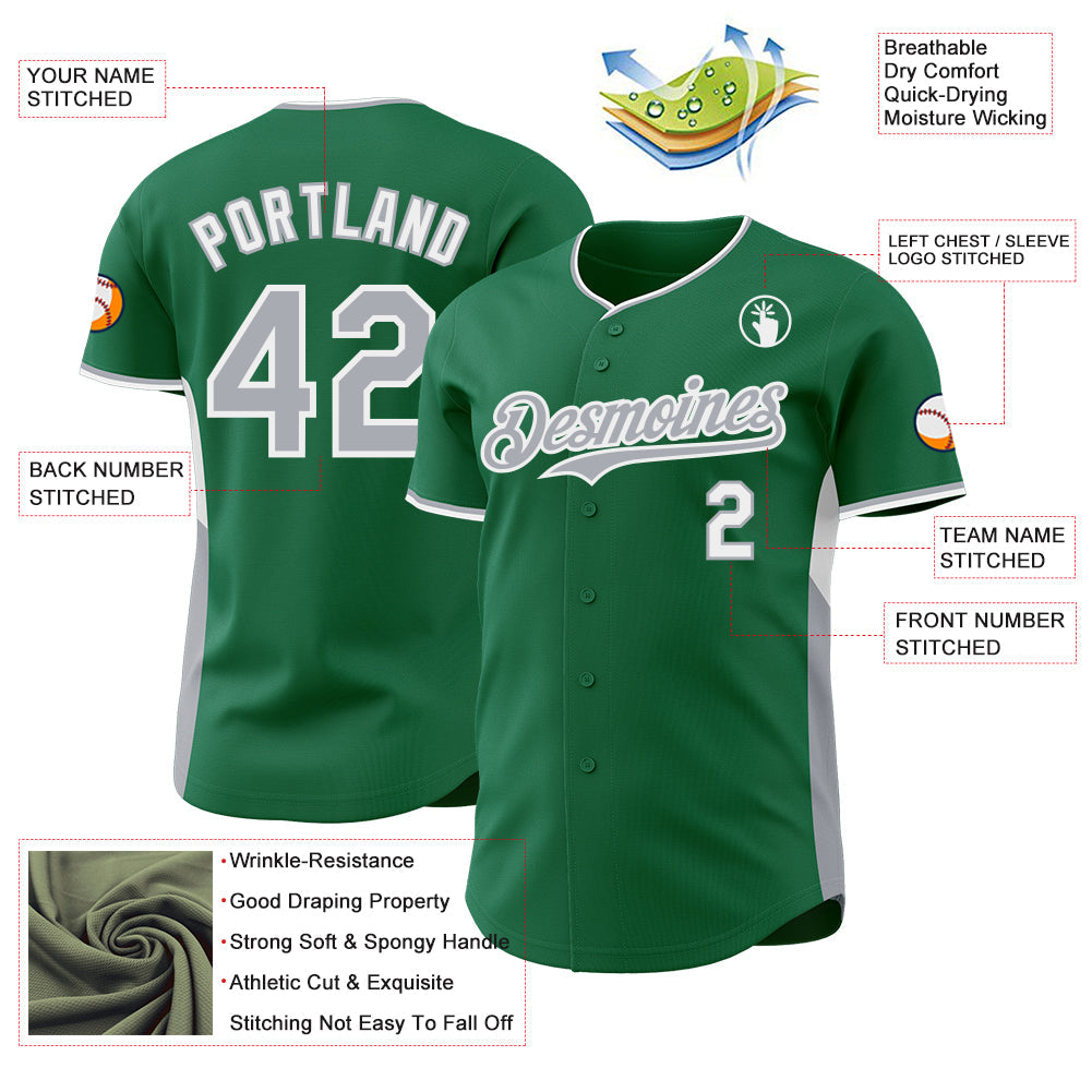 Custom Kelly Green Gray-White Classic Color Block Side Panel Stripe Authentic Baseball Jersey view 3