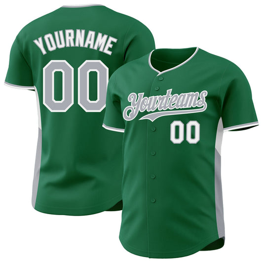 Custom Kelly Green Gray-White Classic Color Block Side Panel Stripe Authentic Baseball Jersey - Main View