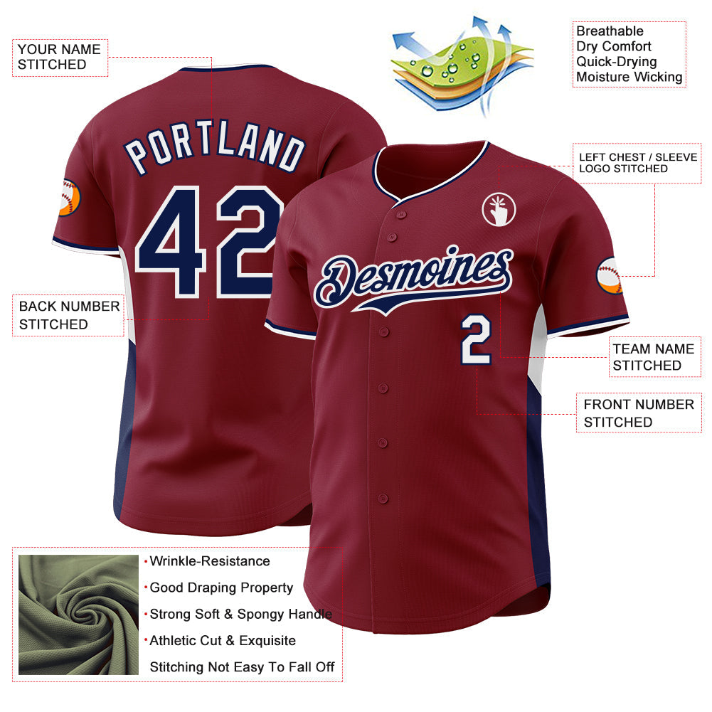 Custom Crimson Navy-White Classic Color Block Side Panel Stripe Authentic Baseball Jersey view 3
