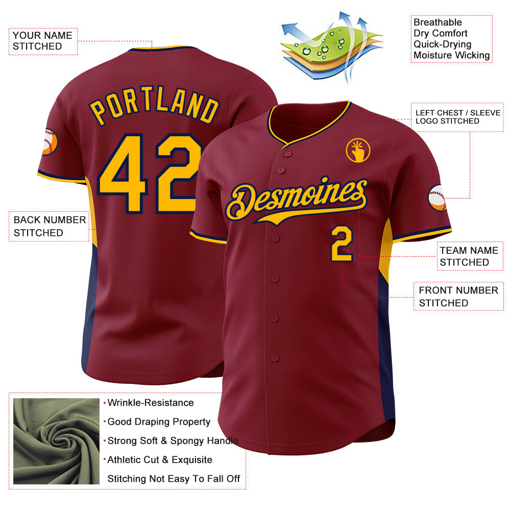Custom Crimson Gold-Navy Classic Color Block Side Panel Stripe Authentic Baseball Jersey view 3