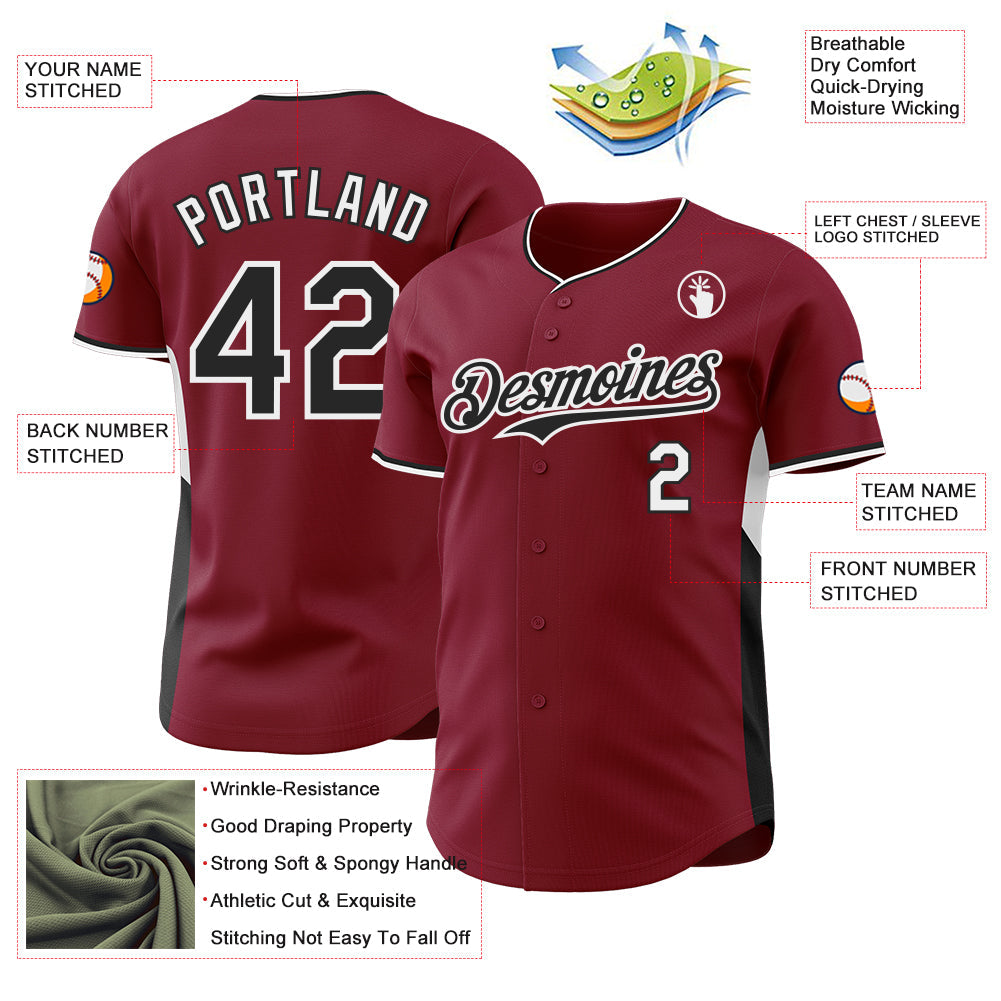Custom Crimson Black-White Classic Color Block Side Panel Stripe Authentic Baseball Jersey view 3