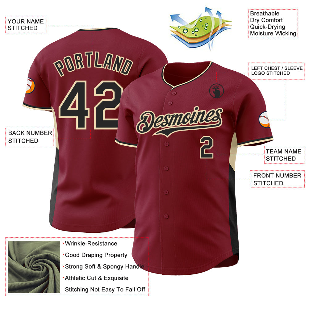 Custom Crimson Black-Cream Classic Color Block Side Panel Stripe Authentic Baseball Jersey view 3