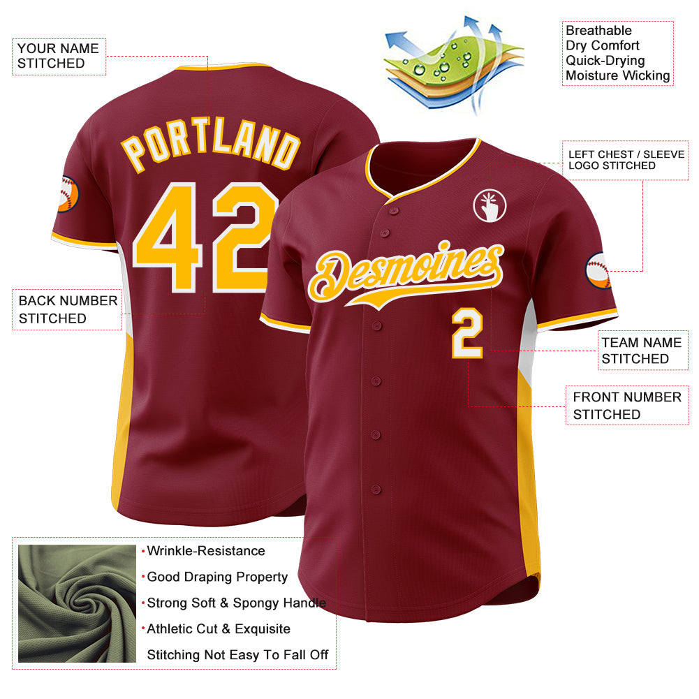 Custom Crimson Gold-White Classic Color Block Side Panel Stripe Authentic Baseball Jersey view 3
