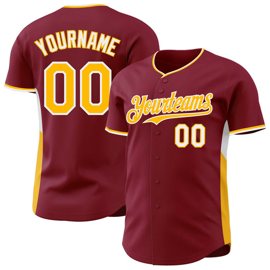 Custom Crimson Gold-White Classic Color Block Side Panel Stripe Authentic Baseball Jersey - Main View