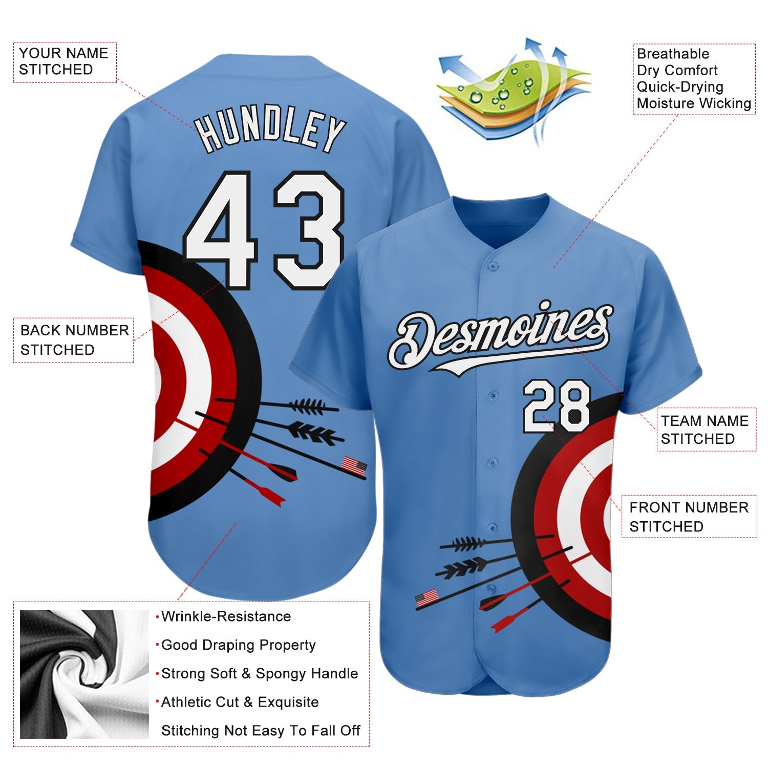 Custom Light Blue White-Black 3D Pattern Design Dart Board Target Authentic Baseball Jersey view 3