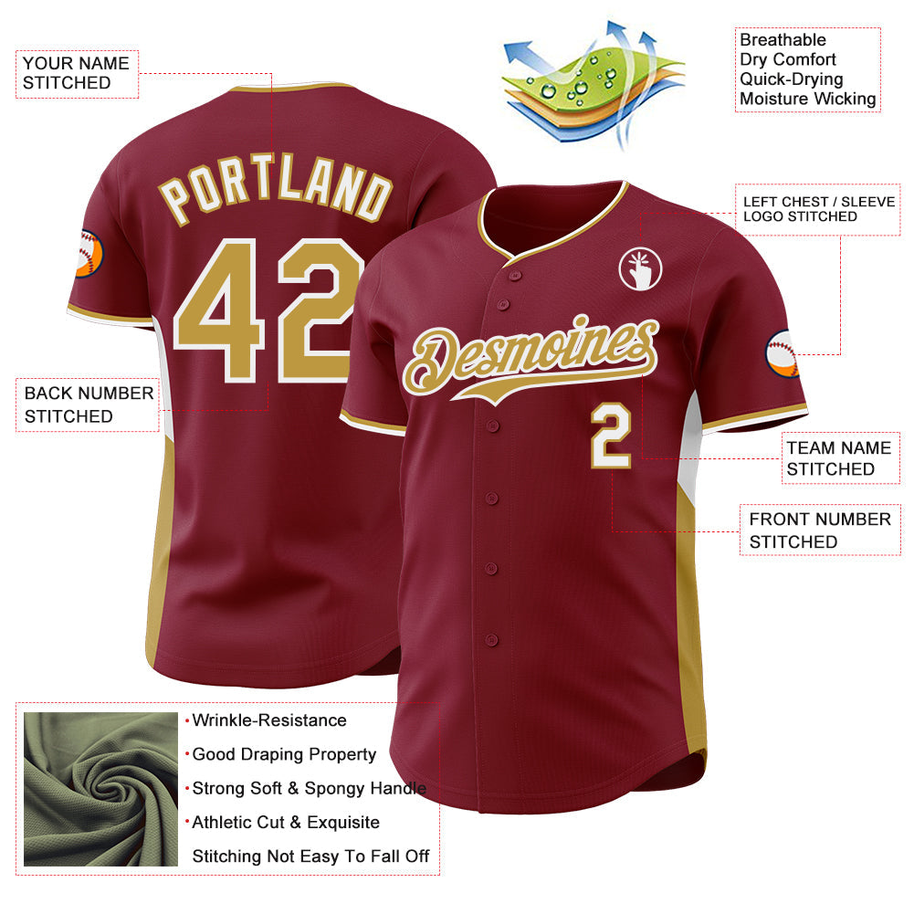Custom Crimson Old Gold-White Classic Color Block Side Panel Stripe Authentic Baseball Jersey view 3