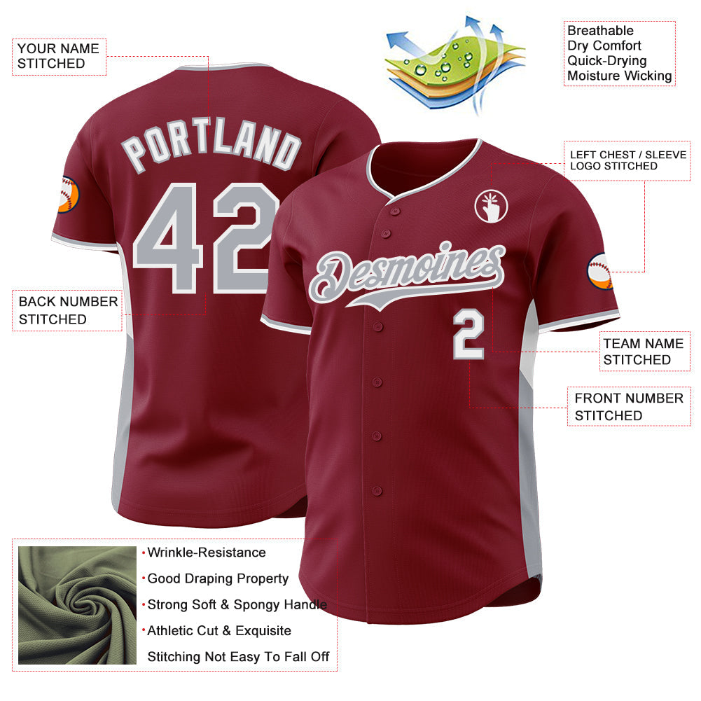 Custom Crimson Gray-White Classic Color Block Side Panel Stripe Authentic Baseball Jersey view 3