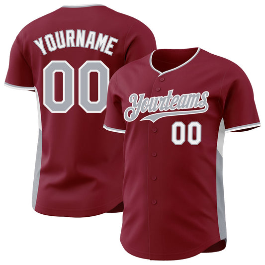 Custom Crimson Gray-White Classic Color Block Side Panel Stripe Authentic Baseball Jersey - Main View