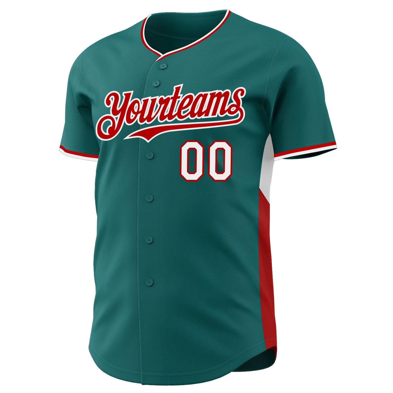 Custom Teal Red-White Classic Color Block Side Panel Stripe Authentic Baseball Jersey view 2