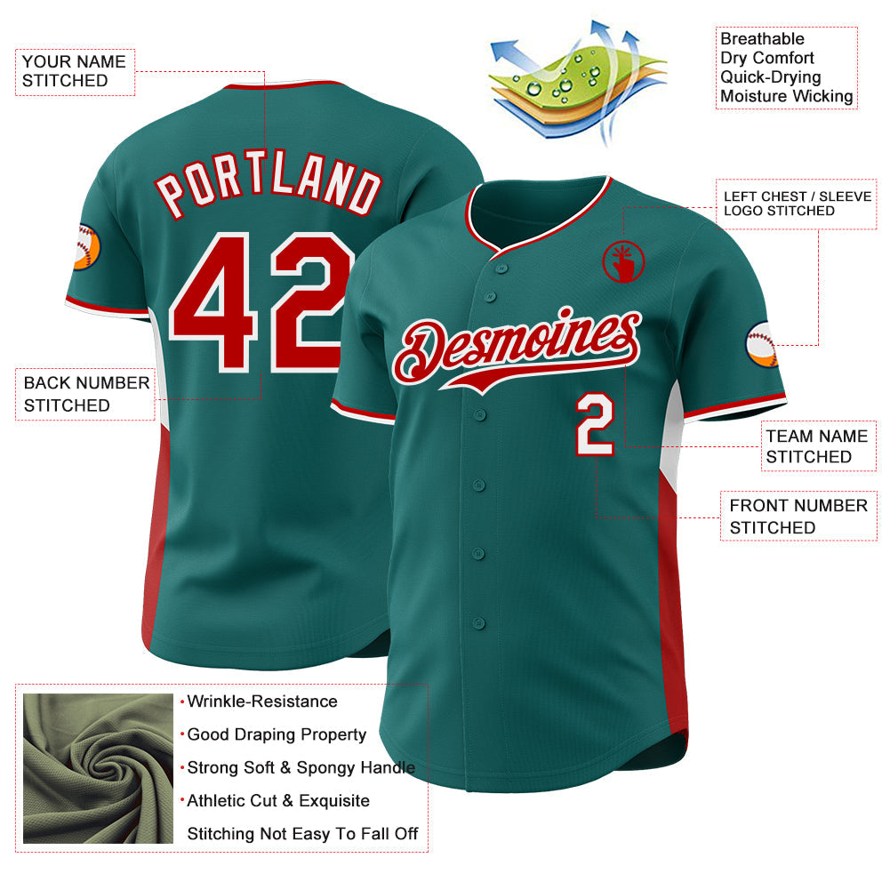 Custom Teal Red-White Classic Color Block Side Panel Stripe Authentic Baseball Jersey view 3