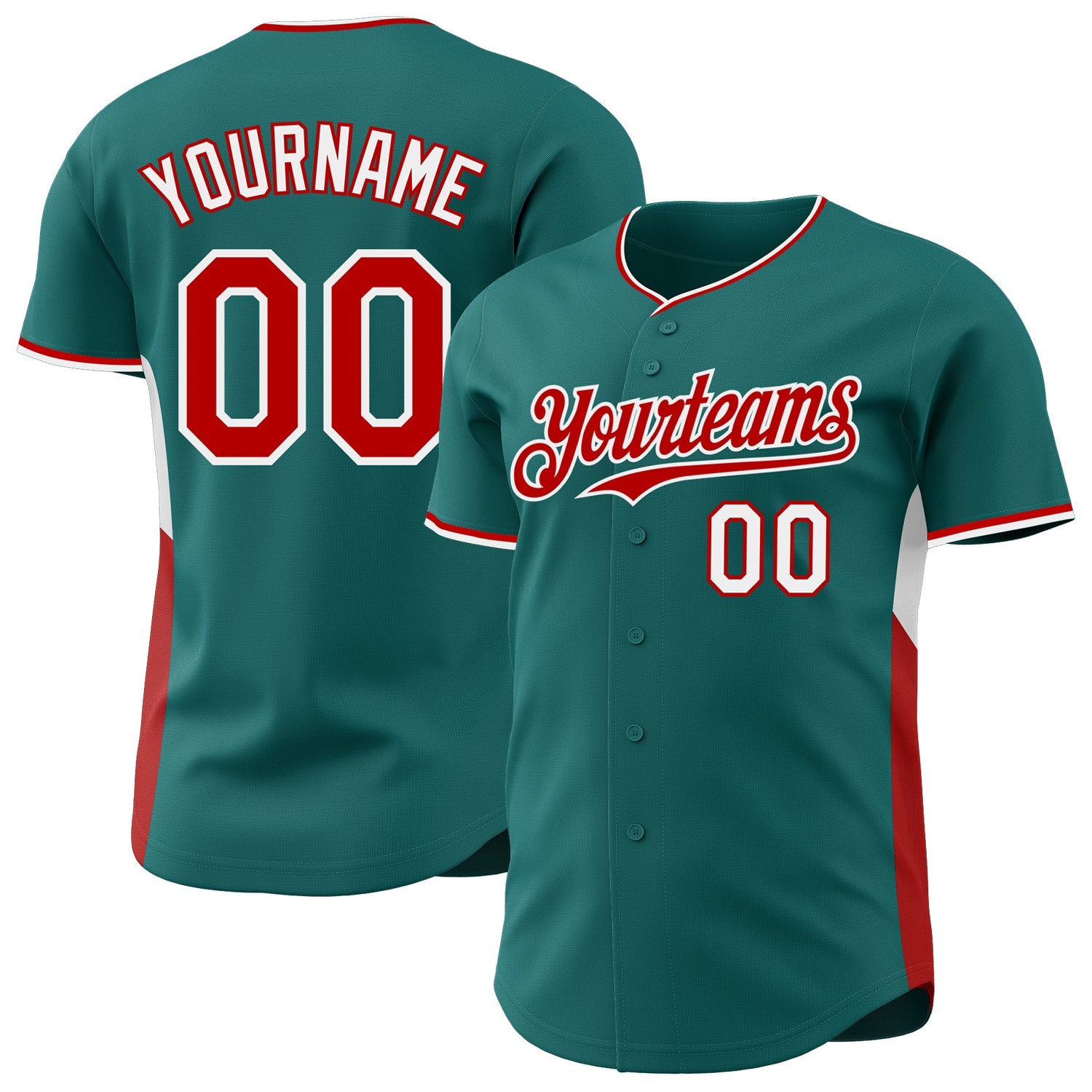 Custom Teal Red-White Classic Color Block Side Panel Stripe Authentic Baseball Jersey - Main View