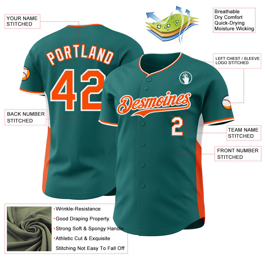 Custom Teal Orange-White Classic Color Block Side Panel Stripe Authentic Baseball Jersey view 3