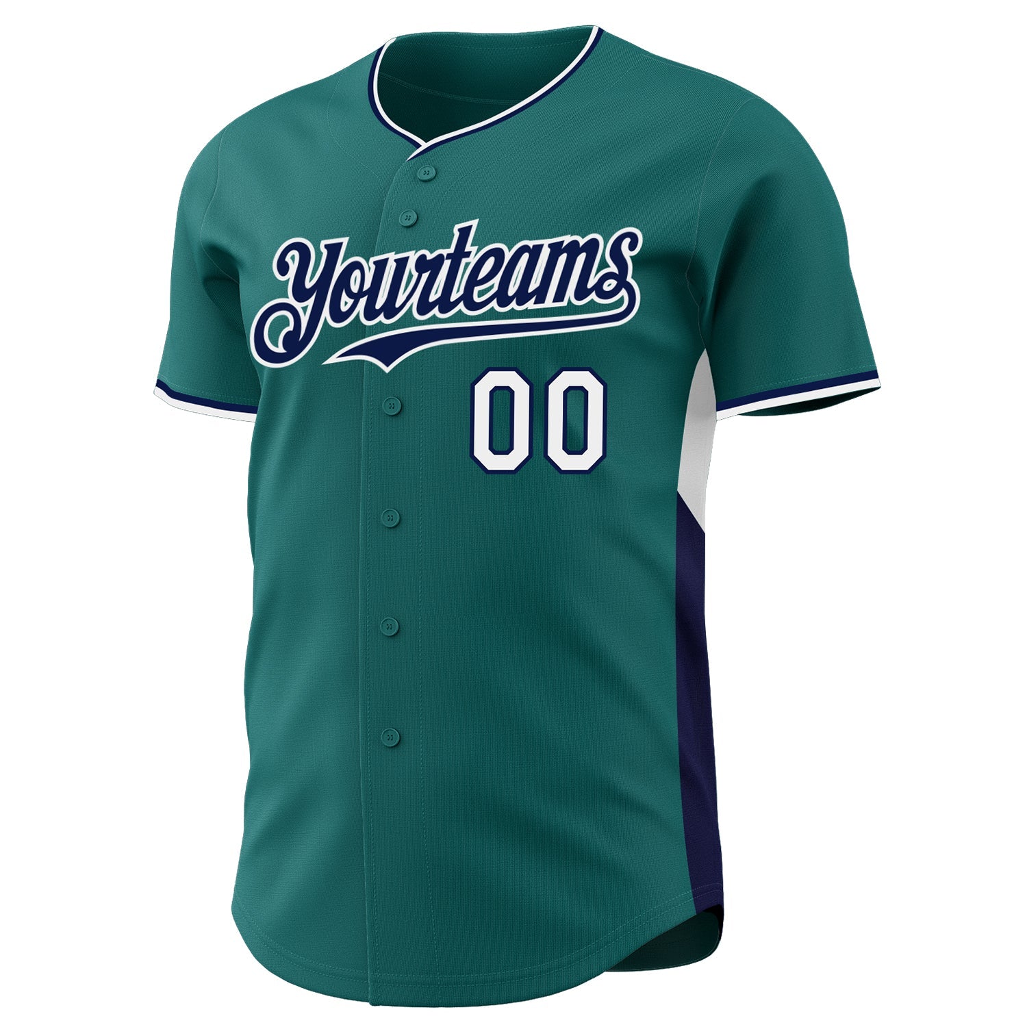 Custom Teal Navy-White Classic Color Block Side Panel Stripe Authentic Baseball Jersey view 2