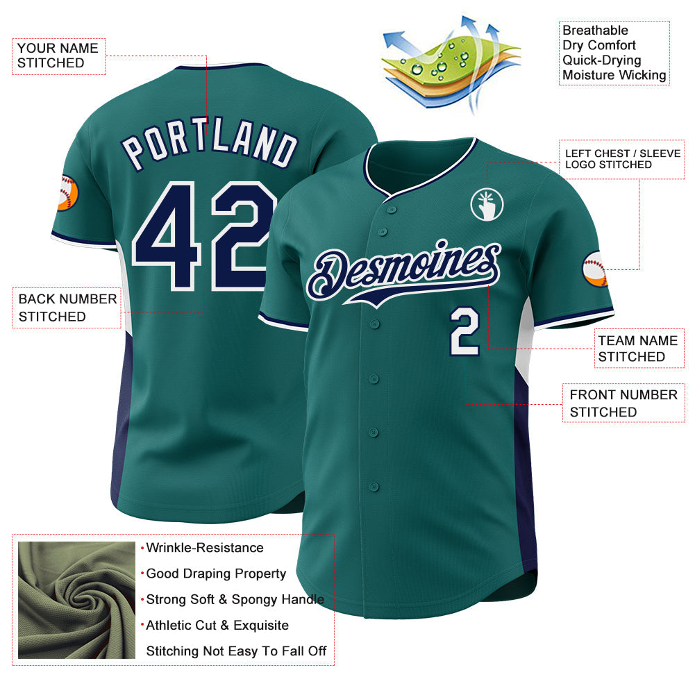 Custom Teal Navy-White Classic Color Block Side Panel Stripe Authentic Baseball Jersey view 3