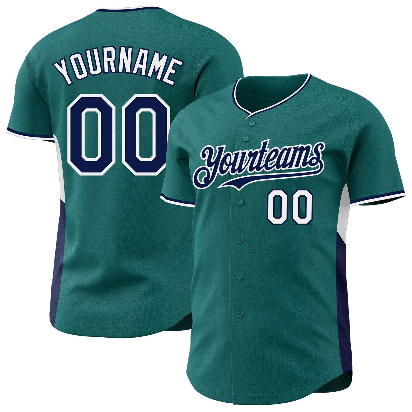 Custom Teal Navy-White Classic Color Block Side Panel Stripe Authentic Baseball Jersey - Main View