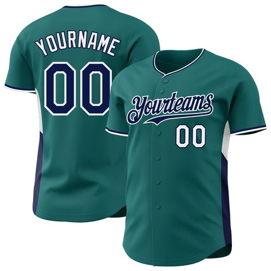 Custom Teal Navy-White Classic Color Block Side Panel Stripe Authentic Baseball Jersey - Main View