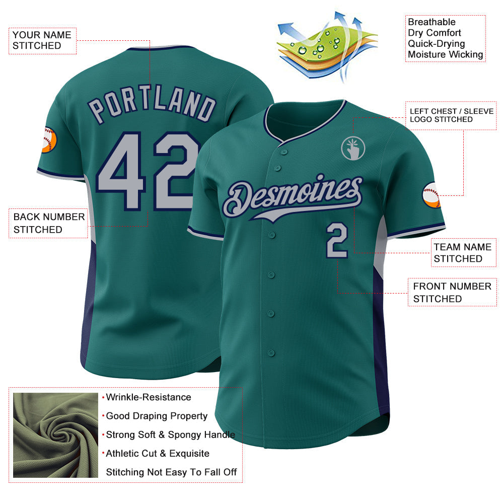 Custom Teal Gray-Navy Classic Color Block Side Panel Stripe Authentic Baseball Jersey view 3