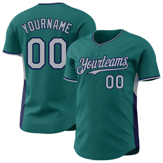 Custom Teal Gray-Navy Classic Color Block Side Panel Stripe Authentic Baseball Jersey - Main View