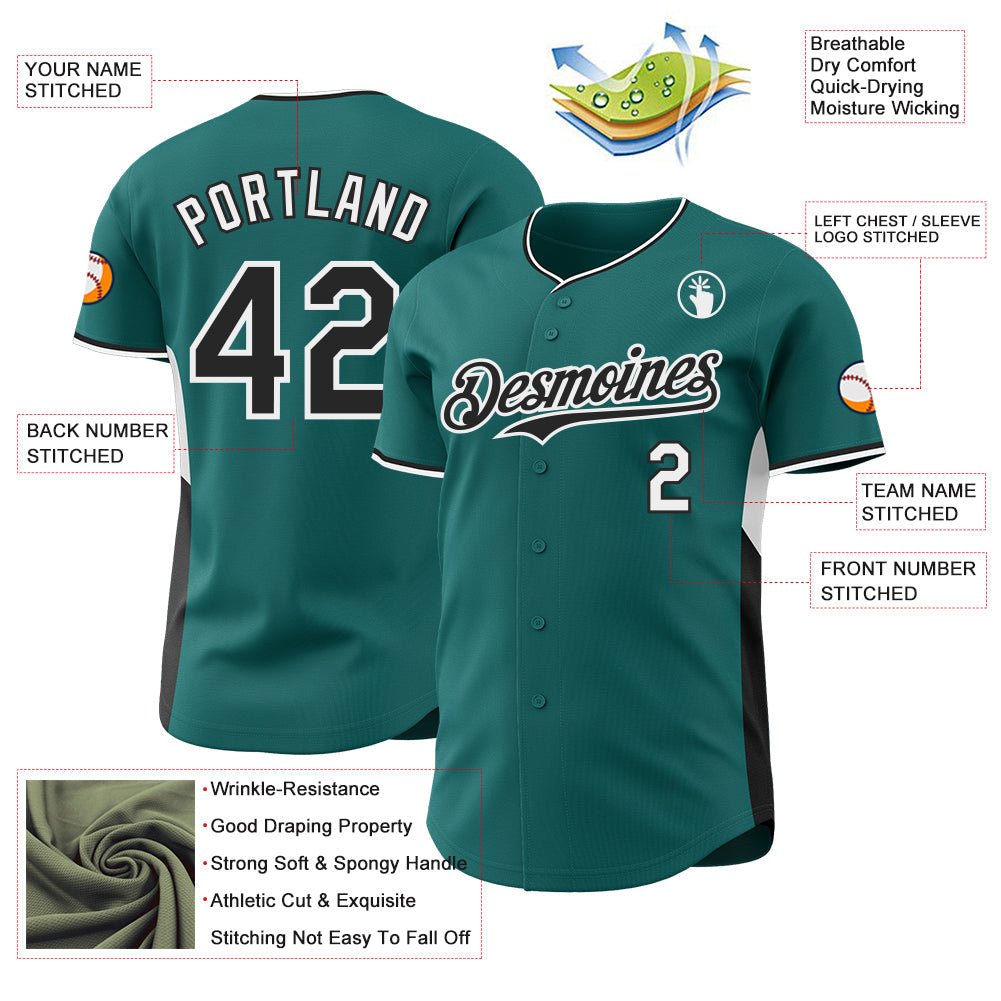 Custom Teal Black-White Classic Color Block Side Panel Stripe Authentic Baseball Jersey view 3