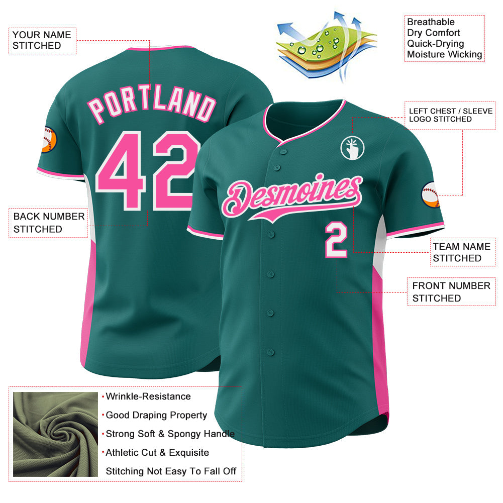 Custom Teal Pink-White Classic Color Block Side Panel Stripe Authentic Baseball Jersey view 3