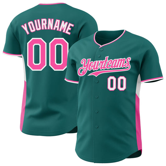 Custom Teal Pink-White Classic Color Block Side Panel Stripe Authentic Baseball Jersey - Main View