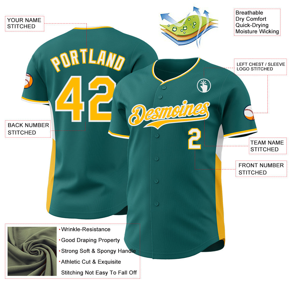 Custom Teal Gold-White Classic Color Block Side Panel Stripe Authentic Baseball Jersey view 3