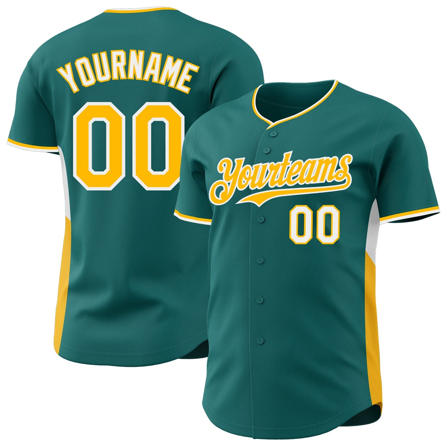 Custom Teal Gold-White Classic Color Block Side Panel Stripe Authentic Baseball Jersey - Main View