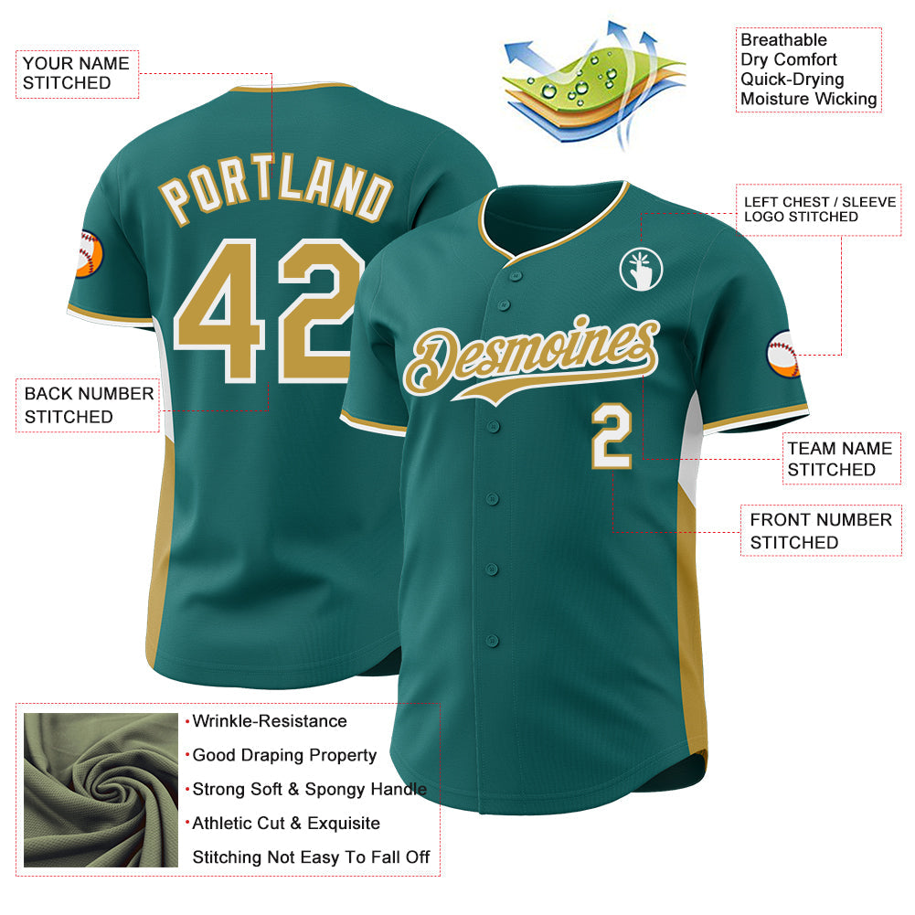 Custom Teal Old Gold-White Classic Color Block Side Panel Stripe Authentic Baseball Jersey view 3